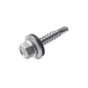 A single galvanized metal hex head screw with a washer, shown on a plain white background.