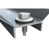 Close-up of a metal mounting component with a hex bolt, washer, and threaded rod on a flat metallic surface, shown on a white background.