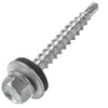 A single galvanized metal wood screw with a hex head, washer, and full-thread shank, shown diagonally on a plain white background.