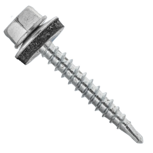A single galvanized metal wood screw with a hex head, washer, and full-thread shank, shown diagonally on a plain white background.