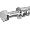 A close-up of a galvanized metal wall anchor bolt with a hexagonal head and a flange washer, shown on a plain white background.