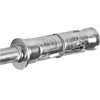 A close-up of a galvanized metal wall anchor bolt with a hexagonal head and a flange washer, shown on a plain white background.