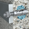 An M8 wall anchor bolt shown installed into a textured concrete wall, with a blue graphic circle highlighting the anchor tip.