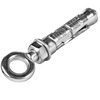 A silver metal sleeve tap with a ring eye, featuring stamped text on its body, shown on a plain white background.