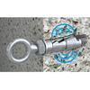 A silver metal eye bolt anchor with a threaded rod and a hanging ring, shown against a split concrete background with blue impact graphic lines.