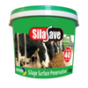 A green plastic bucket of SilaSave Silage Surface Preservative, 20kg, featuring a label with black and white cows and a red and white logo.