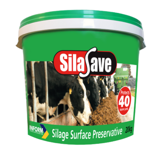 A green plastic bucket of SilaSave Silage Surface Preservative, 20kg, featuring a label with black and white cows and a red and white logo.