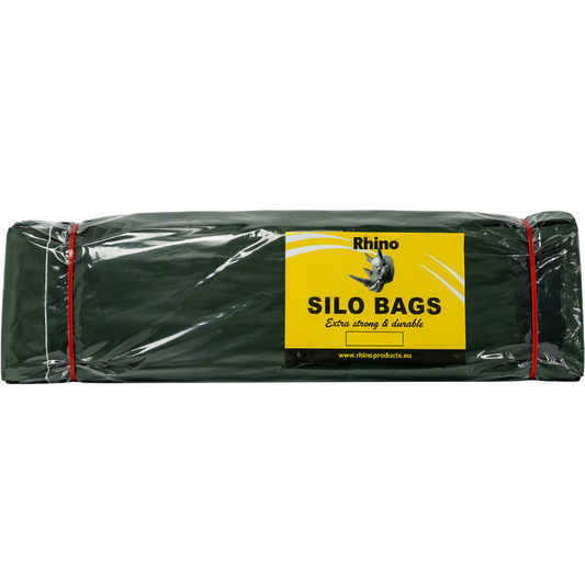 A roll of dark green Rhino Silo Bags, wrapped in clear plastic and secured with red bands, featuring a yellow brand label on a white background.