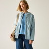 A woman wearing a light blue hooded rain jacket over a blue and white striped t-shirt, paired with dark blue jeans and carrying a beige shoulder bag, set against a plain light gray studio background.