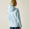 A woman wearing a light blue hooded jacket, shown from the back and side against a plain light beige studio background.