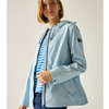 blue raincoat on blond woman shown from the side