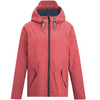 A coral pink hooded rain jacket with a full front zipper, zippered hand pockets, and rope-style drawstrings, shown against a plain white background.