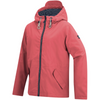 light pink rainjacket shown at angle from side with striped hood and black zipper and white and black draw strings on hood