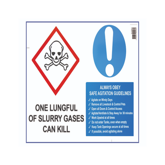 Safety sign with warning symbols and text about slurry gases on a white background