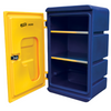 A blue plastic agricultural storage cabinet with an open yellow door, showing two interior shelves, on a white background. The yellow door features the 'ETC AGRI' logo.