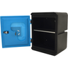 A black plastic storage cabinet with a bright blue door shown open, revealing an interior shelf and lock mechanism, on a plain white background.