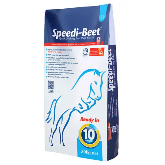 Speedi-Beet horse feed package with blue and white design on a white background