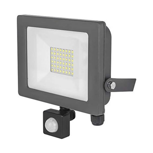 Black LED flood light with motion sensor on a white background