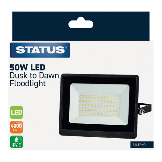 Status 50W LED Dusk to Dawn Floodlight packaging with product image and specifications.