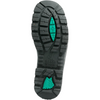 The treaded outsole of a dark gray work boot, featuring bright green accents in the center and heel areas, shown against a plain white background.