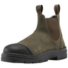 A single work boot in olive green suede with a black rubber toe cap and a thick black lug sole, featuring brown elastic side panels and pull tabs with 'STEEL blue' branding.