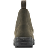 A single work boot shown from the back, featuring an olive green suede upper and a black rubber sole, on a plain white background.