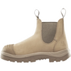 A single beige Chelsea-style work boot with elastic side panels and pull loops, shown in a side profile on a white background.