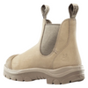 A single beige Chelsea-style work boot with elastic side gore, pull tabs, and a rugged sole, shown on a plain white background.