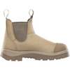 A single beige Chelsea-style boot with elastic side gore, pull tabs at the collar, and a rugged lug sole, shown in profile against a plain white background.