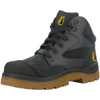 black work boot on white background with yellow logos