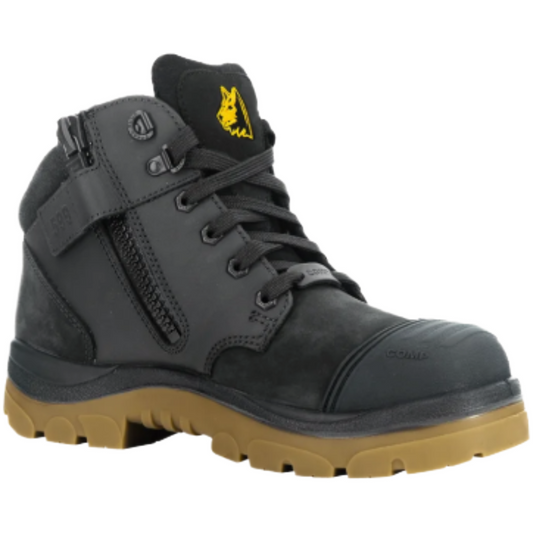 Black work boot on white background with t=yellow logo