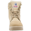 A single beige tactical combat boot with a lace-up front, metal eyelets, and a tongue patch featuring a blue wolf logo and the text 'steel BLUE'.