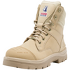 A high-top beige tactical boot with a thick sole, lace-up front, and a visible 'Steel Blue' logo patch on the tongue, isolated on a white background.