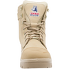 A beige tactical combat boot with a lace-up front, metal eyelets, and a tongue patch featuring a blue wolf logo and the text 'STEEL BLUE'.