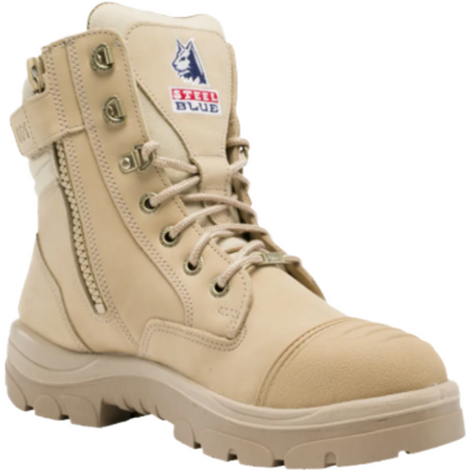 A beige tactical combat boot with a side zipper, lace-up front, and a visible logo on the tongue.