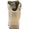 A beige high-top boot shown from the back, featuring a zippered side, a hook-and-loop strap closure, and a thick beige sole.