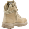 A tan tactical combat boot with a side zipper, lace-up front, and metal eyelets, shown from a three-quarters angle on a white background.