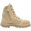 A beige tactical-style ankle boot with a side zipper, lace-up front, metal eyelets, and a rugged sole, shown on a plain white background.