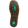 A close-up of a brown rubber boot sole showing its tread pattern and two bright teal-green molded inserts, photographed on a plain white background.
