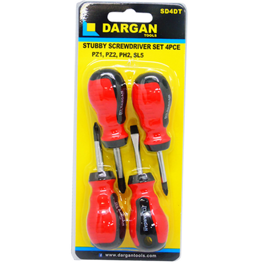 Dargan Tools Stubby Screwdriver Set 4-piece in retail blister packaging, featuring red and black handles with metal screwdriver bits on a yellow backing card.