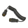 Coiled black cable with connectors on a white background