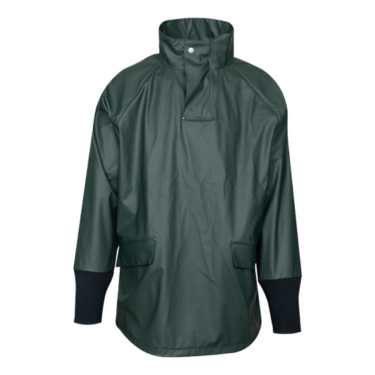 Green raincoat with black cuffs on a white background