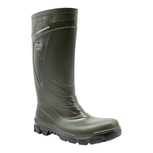 Green rubber boot with brand logo on a white background