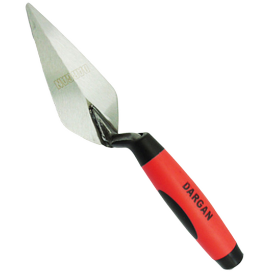 A Dargan brand hand trowel with a silver metal blade and a red and black handle, shown on a plain white background.