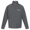 Gray fleece pullover with a logo on the chest against a white background