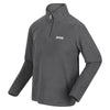 Gray fleece pullover with a brand logo on a white background