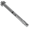 A stainless steel wall anchor bolt with a hex nut on one end and a splined plug on the other, shown diagonally on a plain white background.