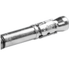 A close-up of a metallic silver cylindrical connector or plug with a threaded body and a small stamped brand mark on a plain white background.