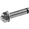 A close-up of a galvanized steel hex bolt with a hex nut and washer, shown on a plain white background.