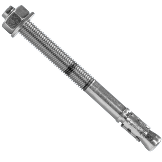 A stainless steel wall anchor bolt with a hex nut on one end and a splined plug on the other, shown diagonally on a plain white background.